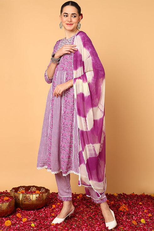 Plus Size Purple Viscose Rayon Yoke Design Flared Suit Set